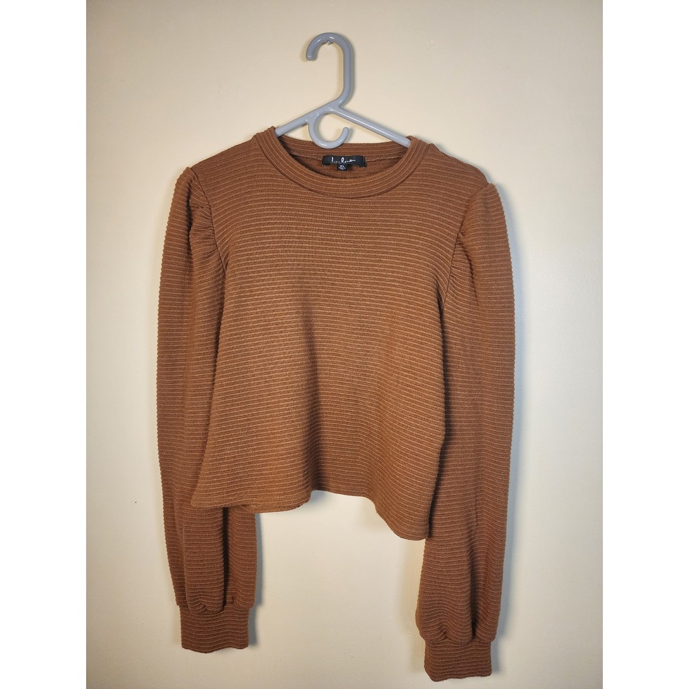 Lulus Subtle Drama Rust Brown Cropped Ribbed Balloon Sleeve Sweater Top Sz XL